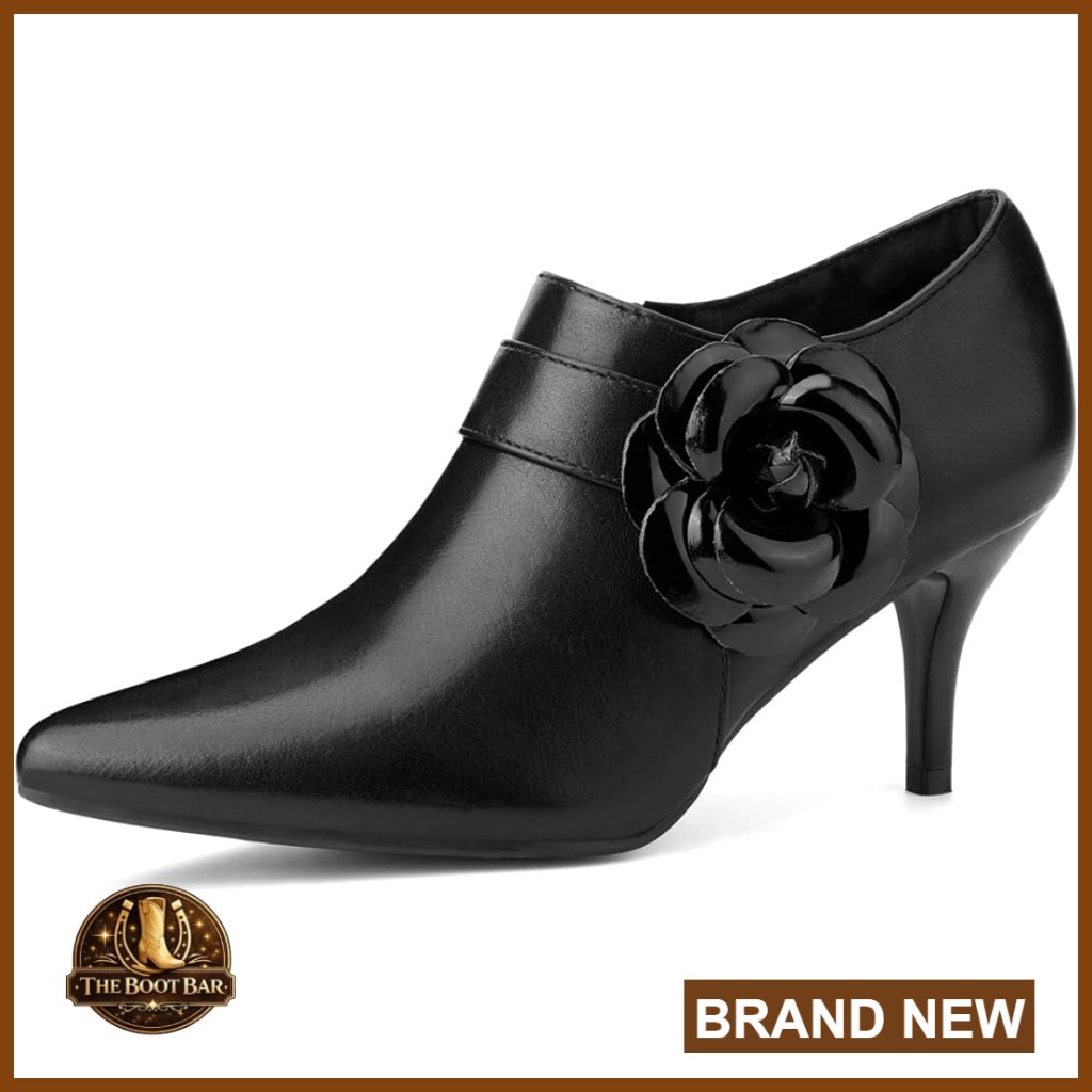 Pointy Toe Ankle Booties With Stiletto Heel And Flower Detail